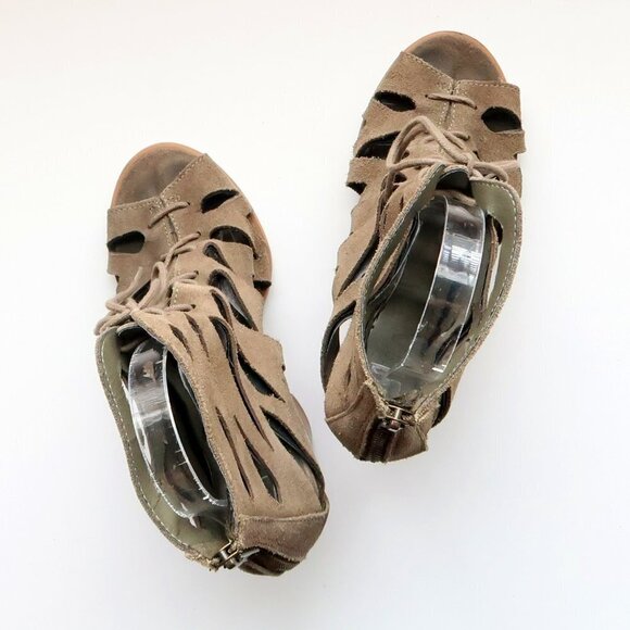 MIA Military Green Suede Leather Peep Toe Cutout Lace-up Heels Bootie Shoes 6 - Picture 15 of 16